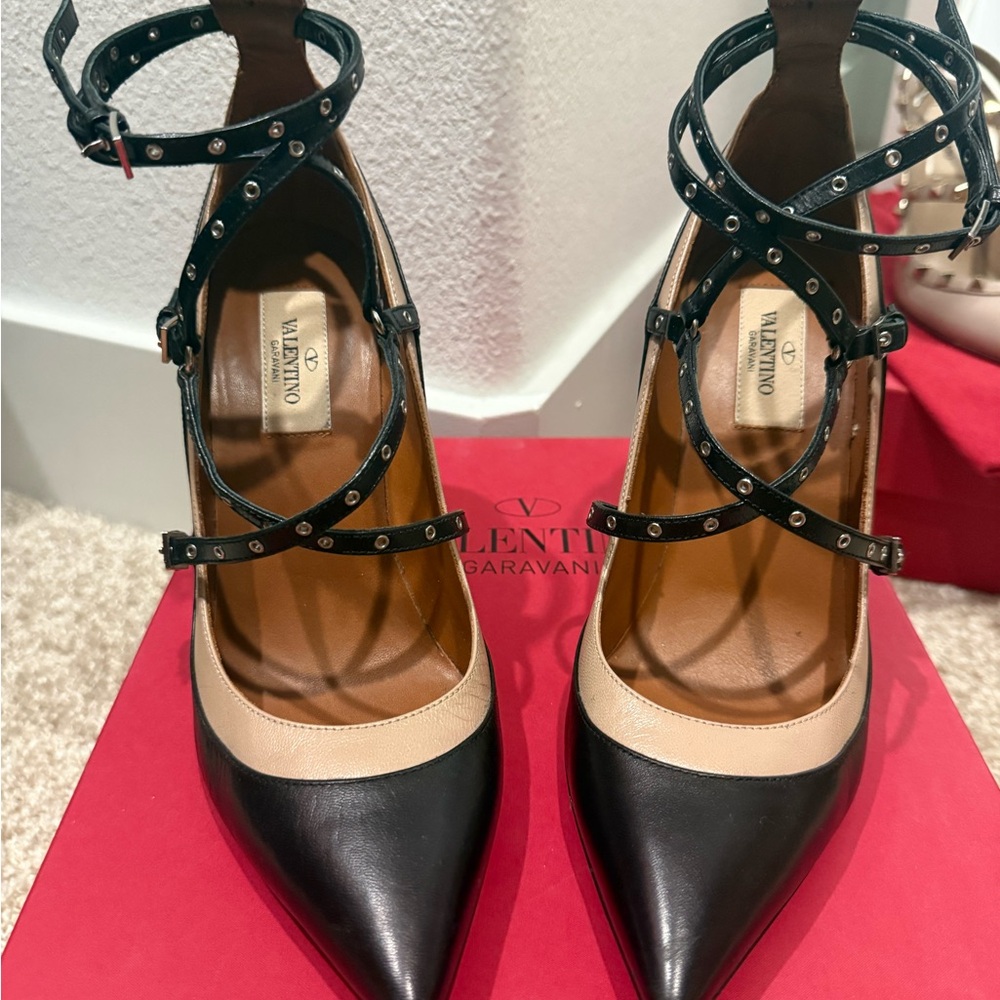 Valentino Garavani Black & Beige Studded Ankle-Strap Pointed Pumps